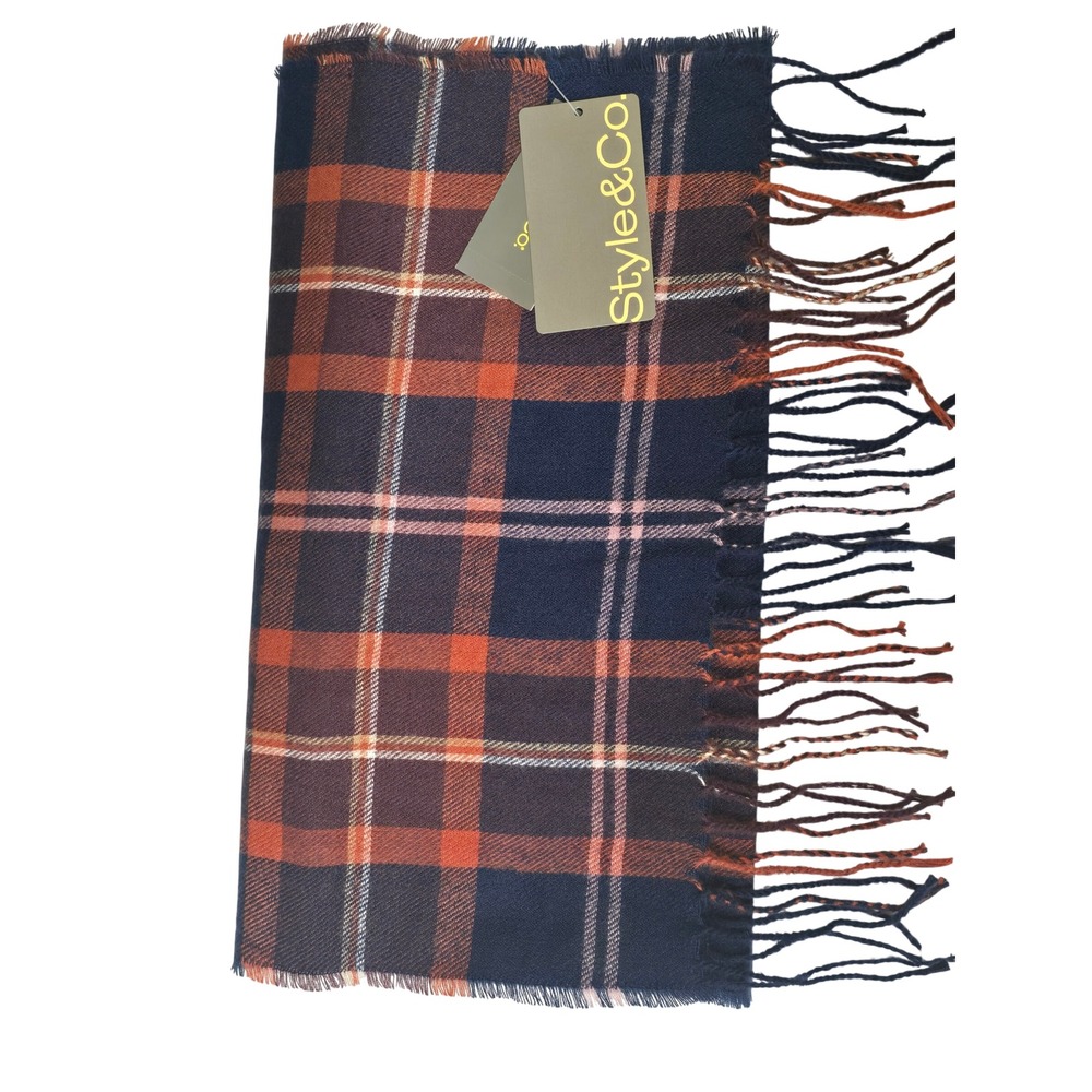 Style & Co Navy Orange Plaid Oblong Wrap Scarf with Fringe NWT - Picture 2 of 10